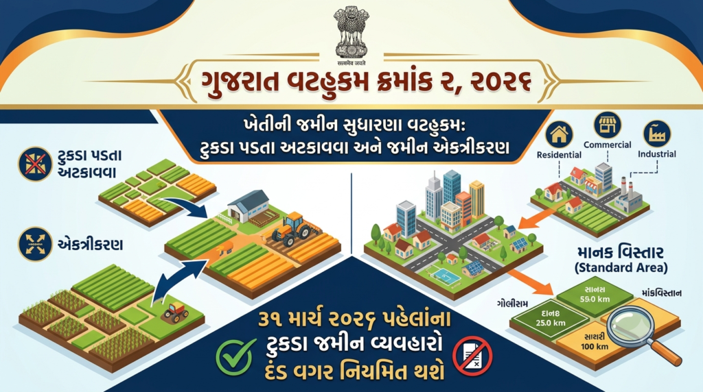 ગુજરાત સરકારનો મહત્વપૂર્ણ નિર્ણય: ખેતી જમીનના ટુકડાપડતા અટકાવવા અધિનિયમમાં સુધારા વટહુકમ ૨૦૨૬